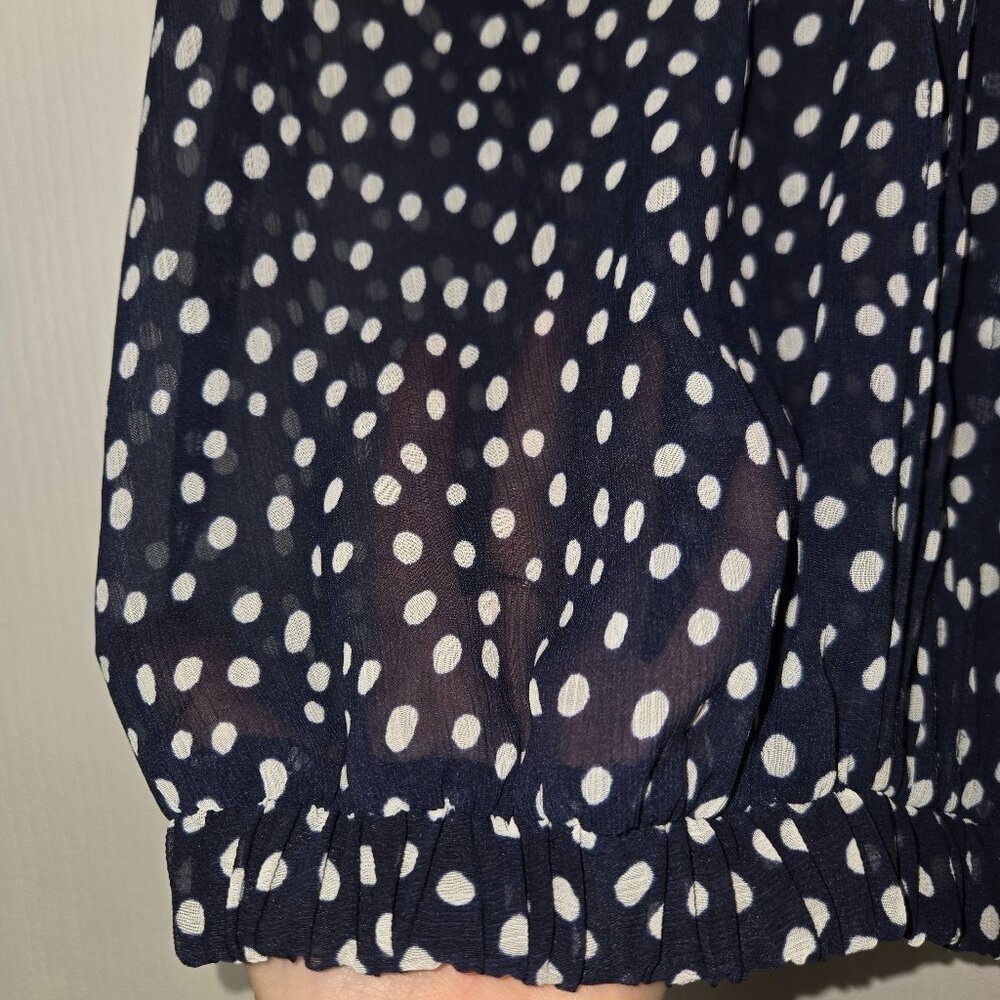 Y2K Zara Basic Dark Blue White Polka Dot Chiffon Seer Blouse S - Picture 7 of 9
